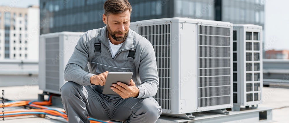 Naklejka premium Skilled male technician in work overalls uses a digital tablet to inspect commercial HVAC units on an urban rooftop. Ideal for energy, maintenance, and smart building campaigns.