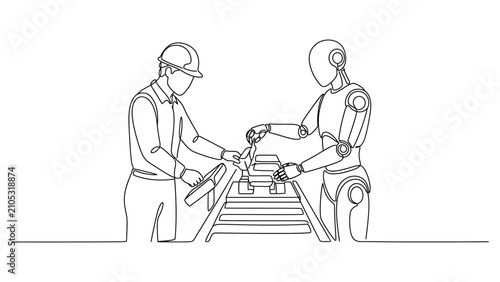 Continuous line drawing of human worker and robot collaborating on factory assembly line