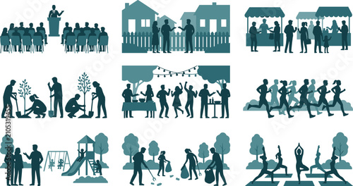 Foto Community Activity Silhouette Set Featuring Neighborhood Gathering Tree Planting