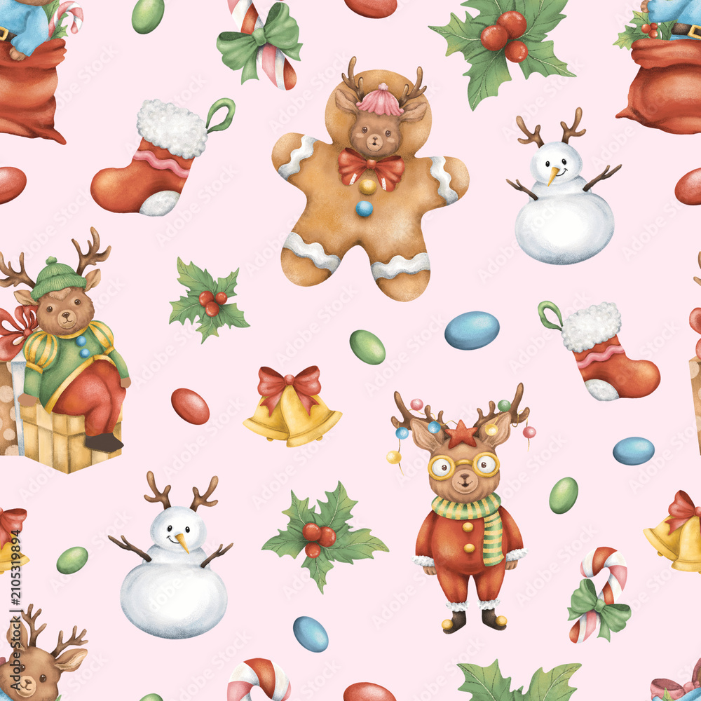 Naklejka premium Christmas Seamless Pattern Reindeer Gingerbread Snowman Watercolor Holiday Kids Fabric 