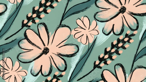 Artistic seamless pattern of hand-drawn peach flowers on a sage green background