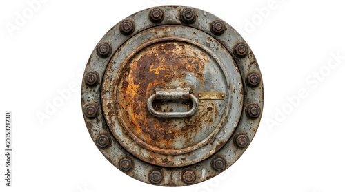 Old rusty round metal hatch door isolated on transparent background