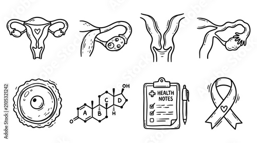 Female reproductive health concept doodle icons set