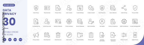 Konstfotografi data privacy icon line style personal information editable stroke vector set