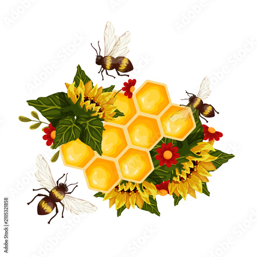 A colorful honeycomb composition with blooming sunflowers, autumn flowers, and honeybees. Vector graphics.