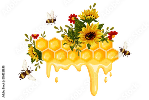 A colorful honeycomb composition with blooming sunflowers, autumn flowers, and honeybees. Vector graphics.