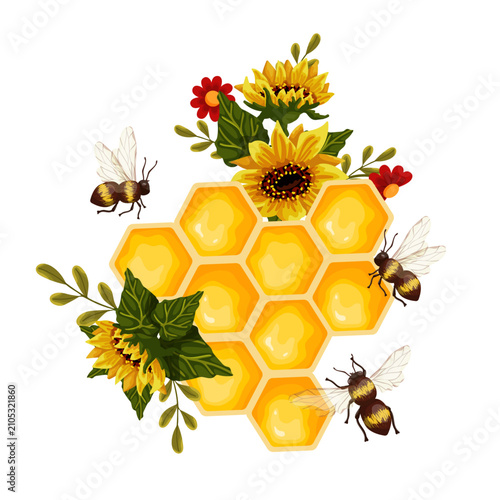 A colorful honeycomb composition with blooming sunflowers, autumn flowers, and honeybees. Vector graphics.