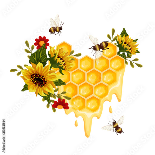 A colorful honeycomb composition with blooming sunflowers, autumn flowers, and honeybees. Vector graphics.