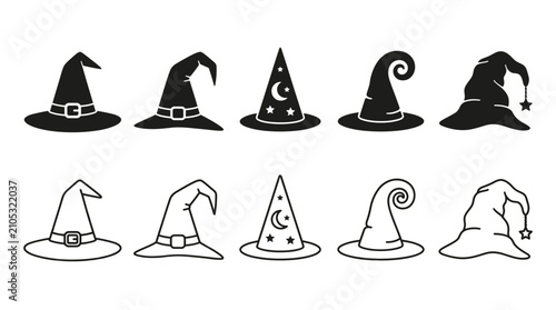 Foto Stylized Witch Hat Silhouettes and Outlined Designs for Halloween Fantasy Art