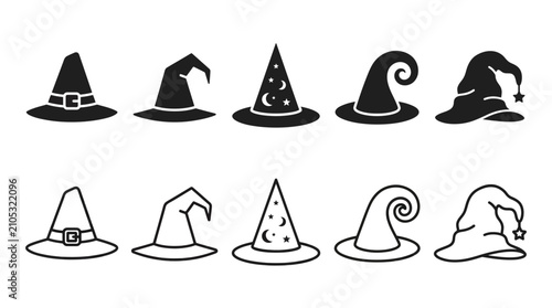 Fotografi Stylized Witch Hat Silhouettes and Outlined Designs for Halloween Fantasy Art