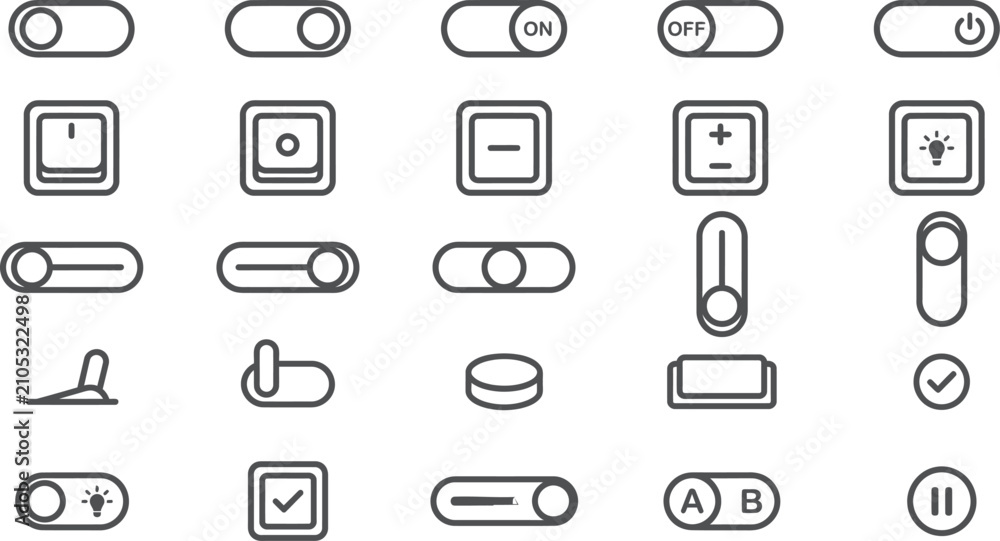 Fototapeta premium A collection of various modern toggle switch vector graphic icons for digital user interface design
