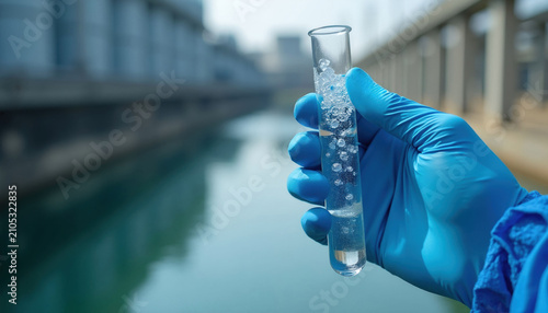 Gloved hand holds glass test tube with water sample at industrial treatment plant site. Expert scientist checks liquid clarity for pollution analysis outdoors. Researcher performs environmental