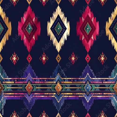 Jewel toned expedition tribal ikat seamless pattern for textile and print