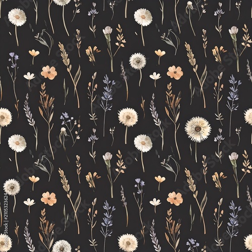 Boho meadow wild dandelion flower seamless pattern for textile and background design