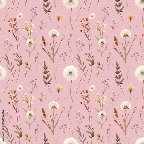 Boho meadow wild dandelion flower seamless pattern for textile and background design