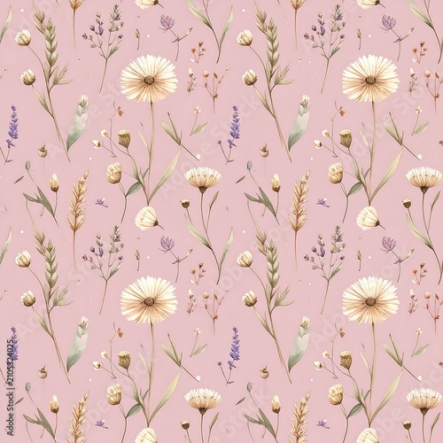 Boho meadow wild dandelion flower seamless pattern for textile and background design