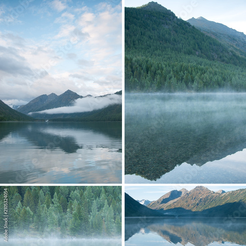 Collage with picturesque morning views of Lower Multinskoye lake located in the Altai mountains, the Altai Republic, Russian Federation