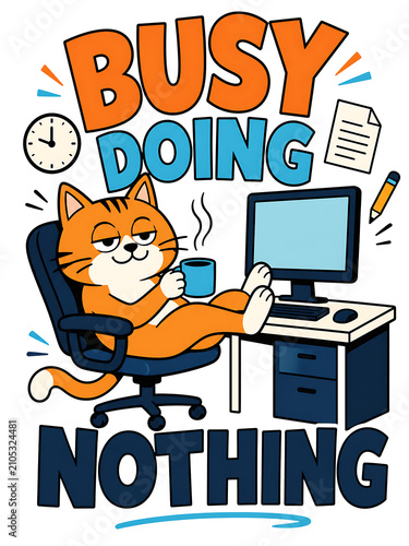 Orange cat pretending to work at computer desk with papers flying