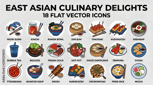 Foto Flat Vector Icons of East Asian Culinary Delights: Nigiri Sushi, Kimchi, Ramen,