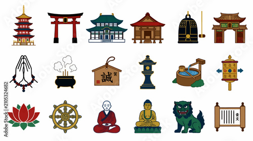 Konstfotografi Flat Vector Icons of East Asian Spiritual and Religious Sites, Including Pagoda,