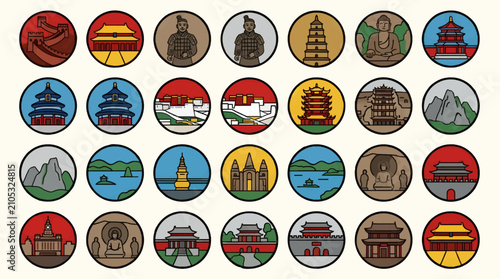 Konstfotografi Flat Vector Icons of Iconic Chinese Historical Sites and Landmarks, Including Gr