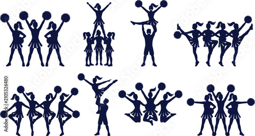 Quadro su tela Cheerleading Team Silhouette Collection with Group Stunts Pom Pom Dance Partner