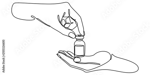 Foto Continuous one line drawing of a hand holding a small medical vaccine vial bottl