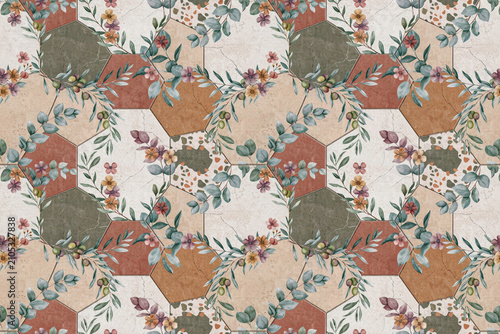 Decorative seamless pattern with hexagonal tiles featuring marble textures in terracotta and grey tones adorned with watercolor eucalyptus leaves