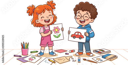 Cute Cartoon Boy and Girl Characters Showing Their Flower and Car Drawings with Crayons on Classroom Floor for Creative Kids Art Class Vector Designs