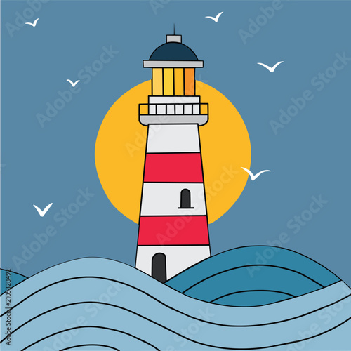 Flat Illustration of a Red and White Lighthouse in Ocean Waves