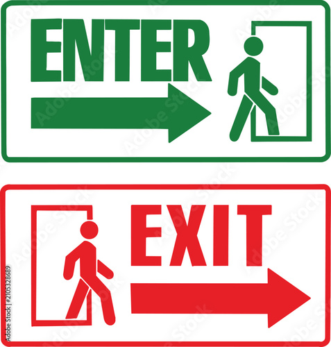 Enter and Exit Directional Signs Set with Man and Door Icons