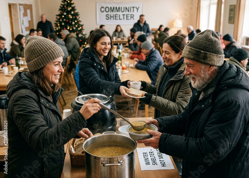 Volunteers Serving Hot Meals at Community Winter Shelter, Compassionate Humanitarian Support