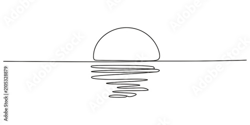 Foto Minimalist line art drawing of a sun setting over the ocean horizon