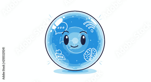 Cute cartoon character globe with glowing symbols