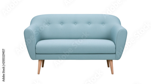 Canvastavla Light blue upholstered two-seater sofa with wooden legs