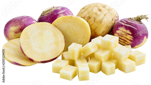 Fotografie Whole and cut rutabaga root vegetables with diced pieces