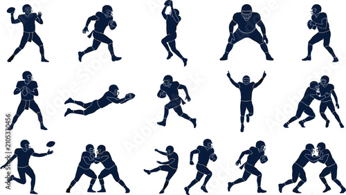 Obraz na płótnie American Football Player Silhouette Collection with Passing Running Tackling Cat