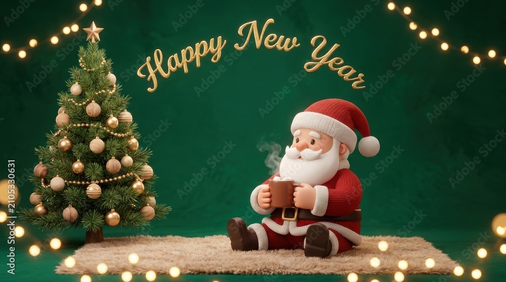 Obraz premium Happy New Year greeting with a cozy Santa Claus and decorated Christmas tree