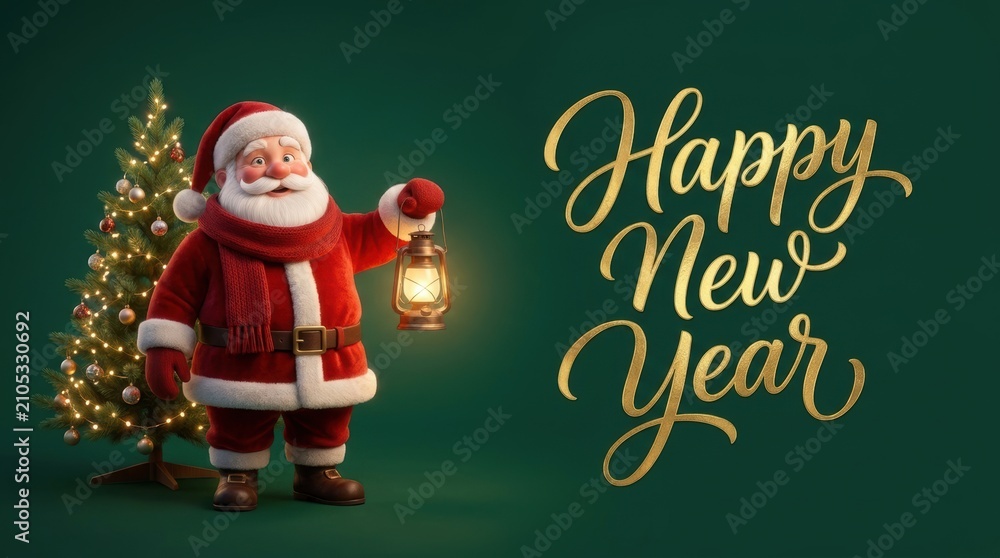 Obraz premium Santa Claus holding a lantern next to a decorated Christmas tree wishing Happy New Year