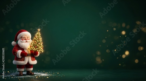 Santa Claus holding a decorated Christmas tree with glowing lights and festive confetti