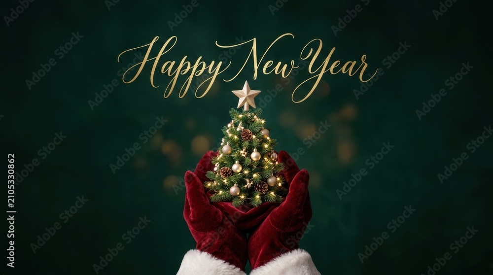 Obraz premium Happy New Year greeting with a miniature decorated Christmas tree held by Santa