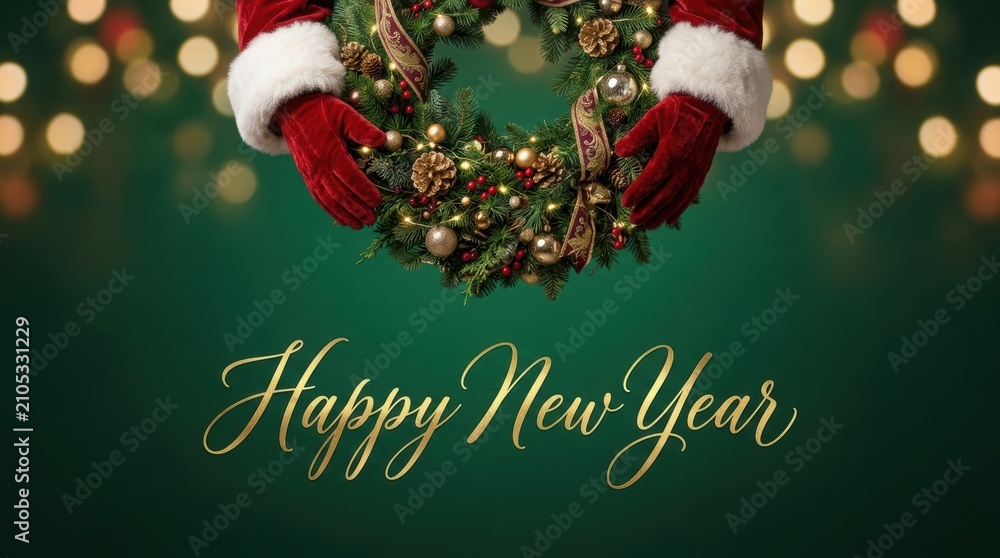 Obraz premium Santa Claus holding a festive Christmas wreath with golden bokeh lights in the background