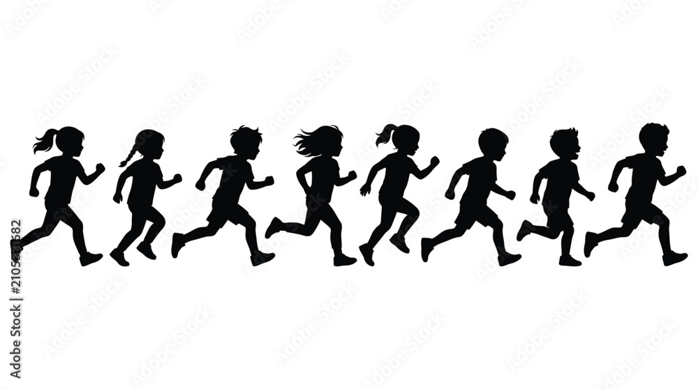 Obraz premium Adobe IGroup of active happy children running together in a row as black silhouettes on white backgroundllustrator Artwork