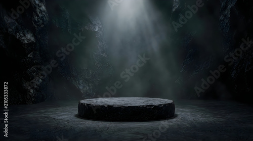 An empty stone pedestal in a dark, cavernous space with a dramatic spotlight shining from above, creating a mysterious atmosphere