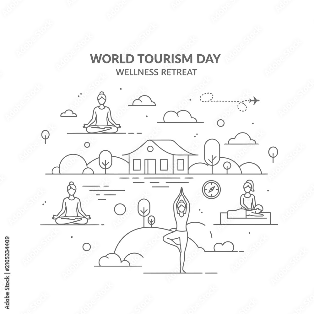 Obraz premium Line art illustration of wellness travel featuring yoga meditation spa massage and outdoor recreation in a peaceful natural landscape setting