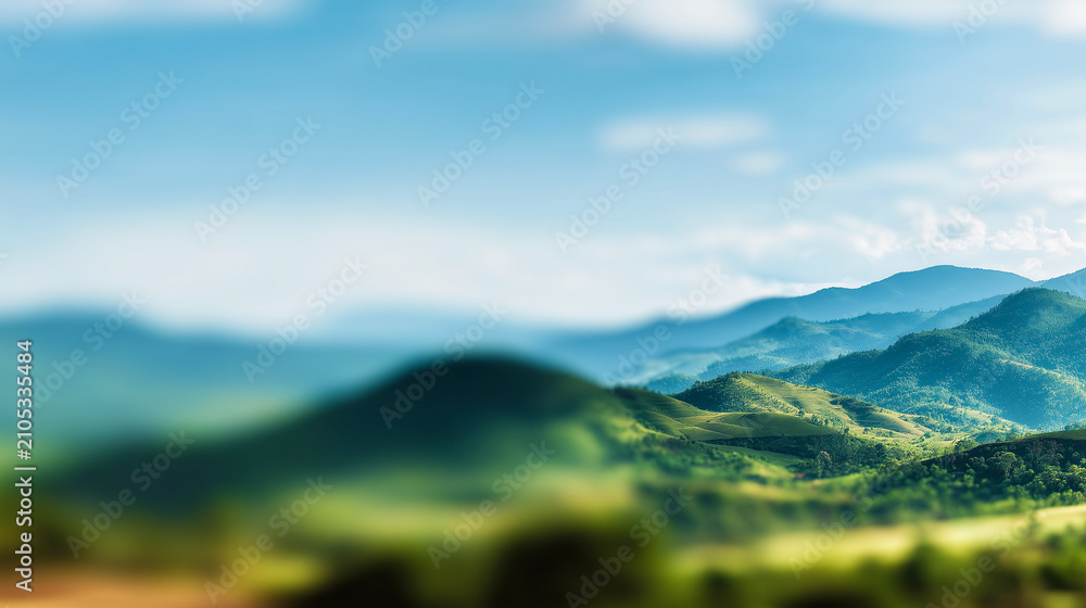 Obraz premium 山並みと青空が雄大に広がる夏の新緑風景背景
