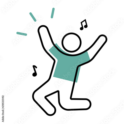 Pictogramme vectoriel d’une personne qui saute de joie, les bras levés, au son de la musique. Illustration minimaliste noire et turquoise sur fond blanc pour concert, festival, victoire, évenement