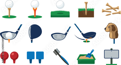 Tableau sur toile Golf Equipment Collection with Golf Ball Tee Clubs Divot Tool Practice Mat Brush