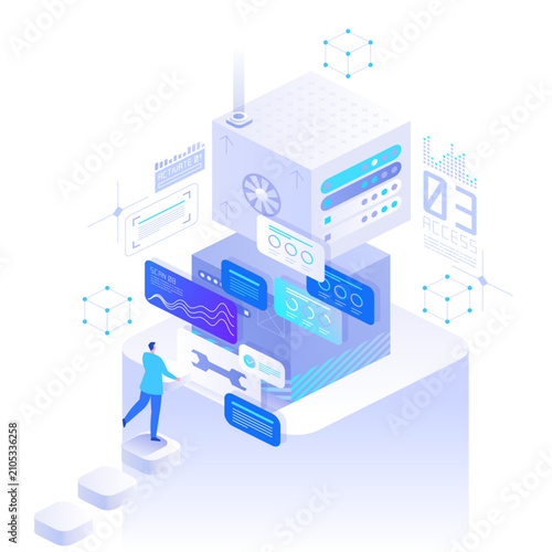 Minimal data center scene with secure cloud exchange, server blocks and digital workflow interface. Isometric technology concept vector illustration for networking and infrastructure control
