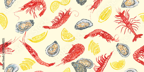 Fotografía Seafood seamless pattern of fresh red carabineros prawns, oysters, and lemon slices on yellow background